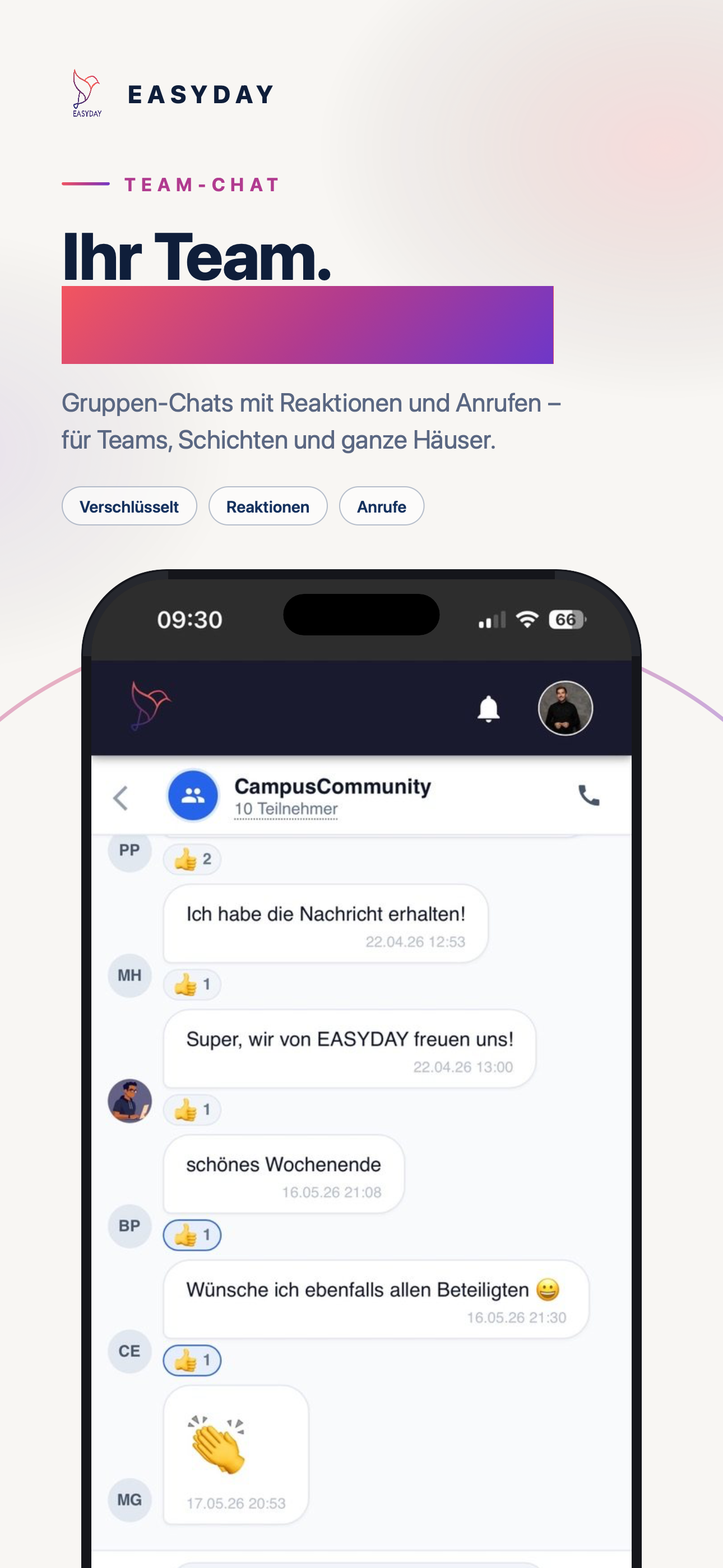 EASYDAY Team-Chat Screenshot – Gruppen-Chat mit Reaktionen und Nachrichten