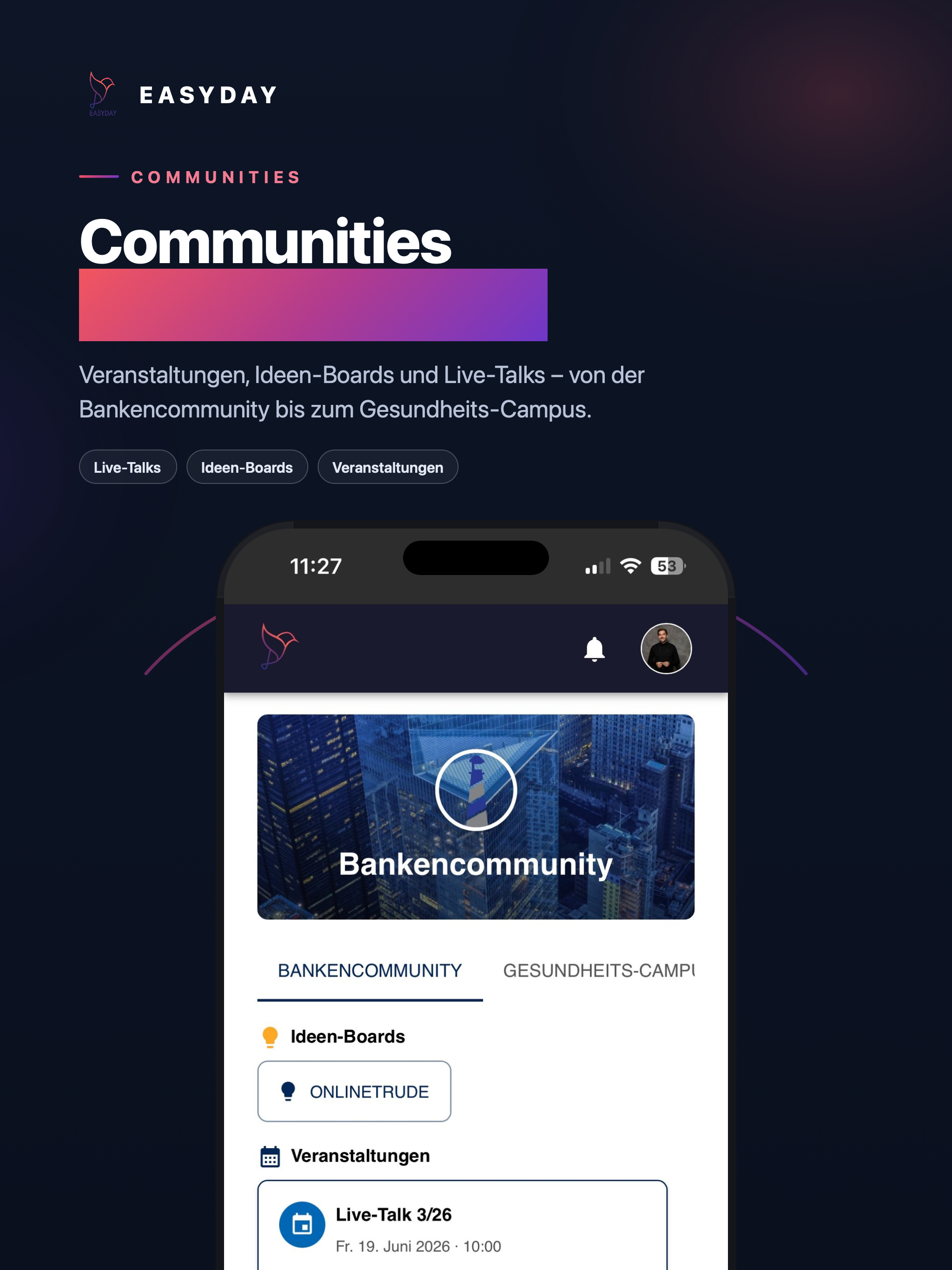 EASYDAY Community Screenshot – Interner Social Feed mit Beiträgen